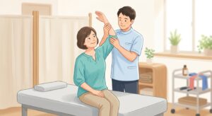 明るい施術室でスタッフが患者の肩関節をやさしく施術しているイラスト