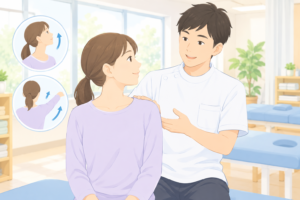 整骨院のスタッフが患者の首や肩の可動域を優しく確認しているイラスト