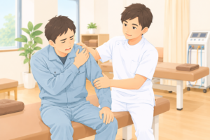 整骨院のスタッフが作業着姿の患者の肩に施術をしているイラスト