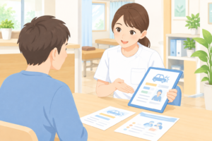整骨院のスタッフが交通事故に関する書類を見せながら患者に優しく説明している様子のイラスト