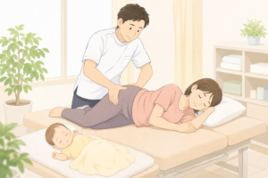明るい院内の施術ベッドで赤ちゃんを近くに寝かせながらスタッフが優しくお母さんの骨盤まわりを施術しているイラスト