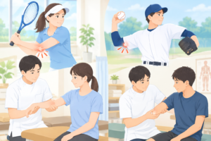 テニスや野球でのオーバーユースによる肘の痛みを整骨院で施術・チェックしているイラスト
