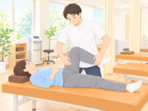 明るい整骨院の院内で施術用ベッドに横になった患者の脚を、スタッフが優しく施術しているイラスト