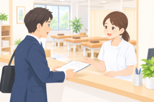 スーツ姿の会社員が整骨院の受付で女性スタッフに書類を渡しながら相談している様子のイラスト