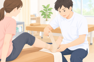 整骨院のスタッフが患者の足首にテーピングを巻いている様子のイラスト