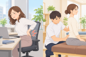 デスクワーク中に腰の痛みを感じる女性と、整骨院で腰まわりや姿勢をチェックする施術者のイラスト