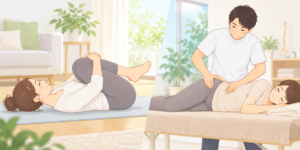 自宅で膝を抱えて腰のストレッチをする女性と、整骨院で施術者が腰まわりをケアしているイラスト