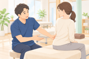 整骨院のスタッフが腰の状態を確認しながら患者さんに説明している様子のイラスト
