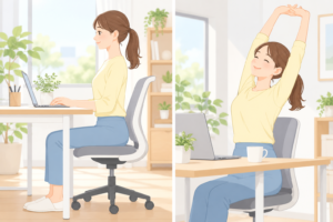 デスクで良い姿勢を意識して座る女性と、軽くストレッチをして体を伸ばす女性のイラスト