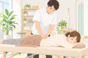 明るい施術室でスタッフが患者の腰に優しく整体の施術をしているイラスト